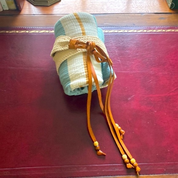 Anthropologie Boho Teal Mustard Ecru Soft Organic Throw Blanket Macrame Carrier - Picture 6 of 12